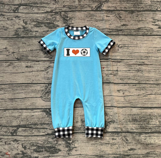 NO MOQ Preorder SR3369 Embroidered I Love Football Black Plaid Blue Short Sleeve Boys Romper 202511