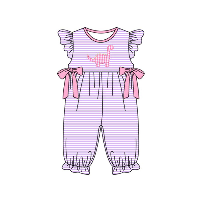 MOQ 5 Preorder SR3372 Dinosaur Purple Stripe Pink Bows Flying Sleeve Girls Romper 202510