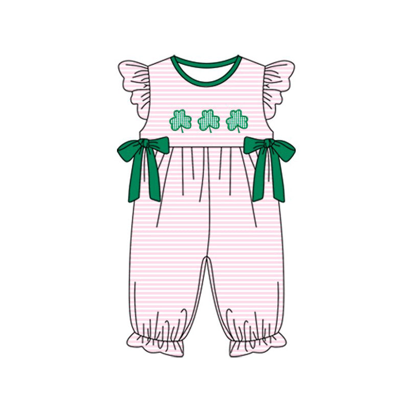 MOQ 5 Preorder SR3375 St. Patrick's Day Four-Leaf Clover Pink Stripe Green Bows Flying Sleeve Girls Romper 202510