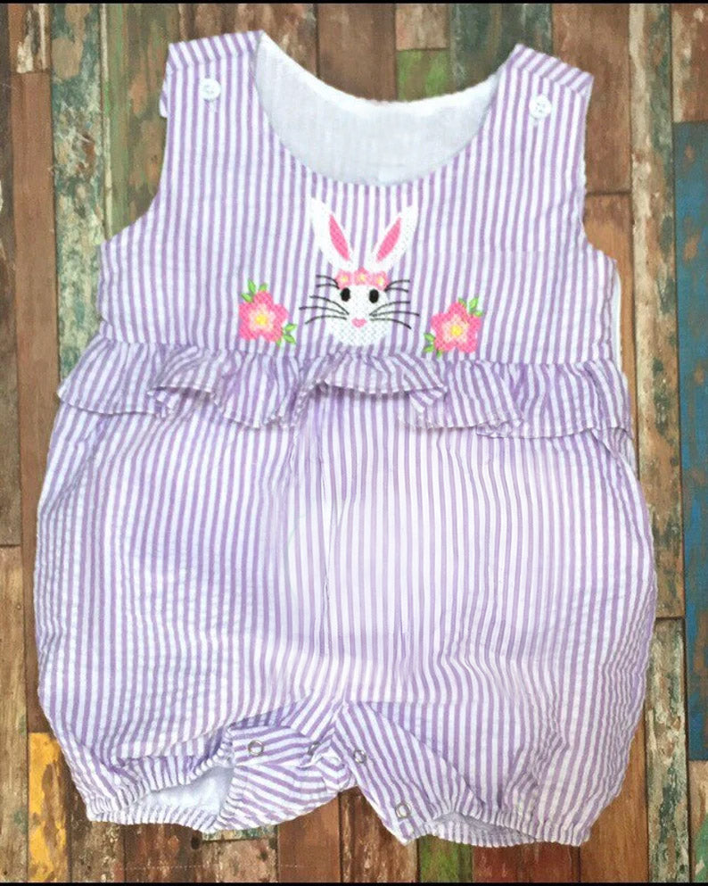 MOQ 5 preorder SR3379 Easter Bunny Purple Stripe Ruffle Sleeveless Girls Romper 202510
