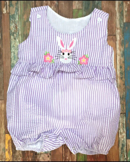 MOQ 5 preorder SR3379 Easter Bunny Purple Stripe Ruffle Sleeveless Girls Romper 202510