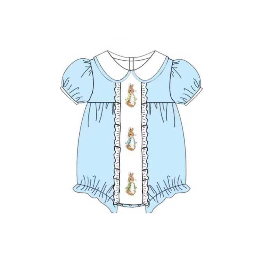 MOQ 5 preorder SR3382 Easter Bunny White Doll Collar Blue Short Sleeve Girls Bubble Romper 202510 Sibling