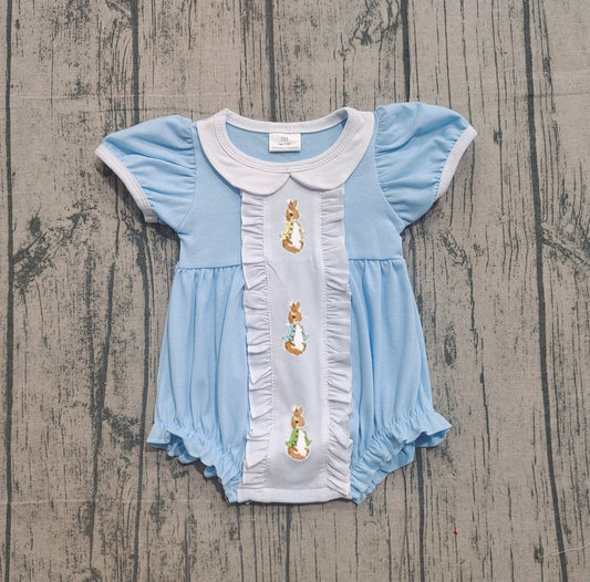 NO MOQ preorder SR3382 Embroidered Easter Bunny White Doll Collar Blue Short Sleeve Girls Bubble Romper 202512 Sibling