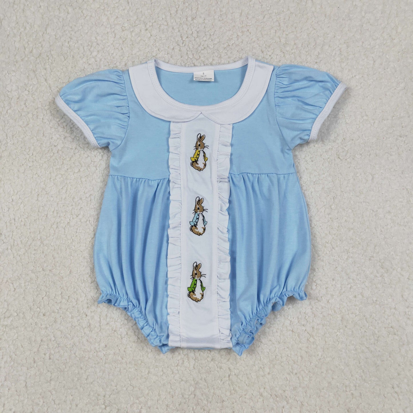 SR3382 Embroidered Easter Bunny White Doll Collar Blue Short Sleeve Girls Bubble Romper 202601 RTS Sibling