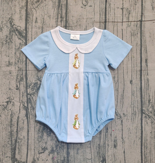 NO MOQ preorder SR3383 Embroidered Easter Bunny White Doll Collar Blue Short Sleeve Boys Bubble Romper 202512 Sibling