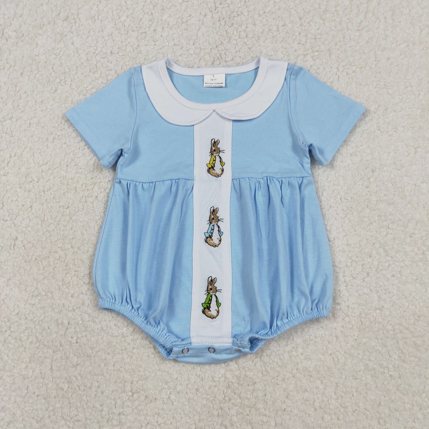 SR3383 Embroidered Easter Bunny White Doll Collar Blue Short Sleeve Boys Bubble Romper 202601 RTS Sibling