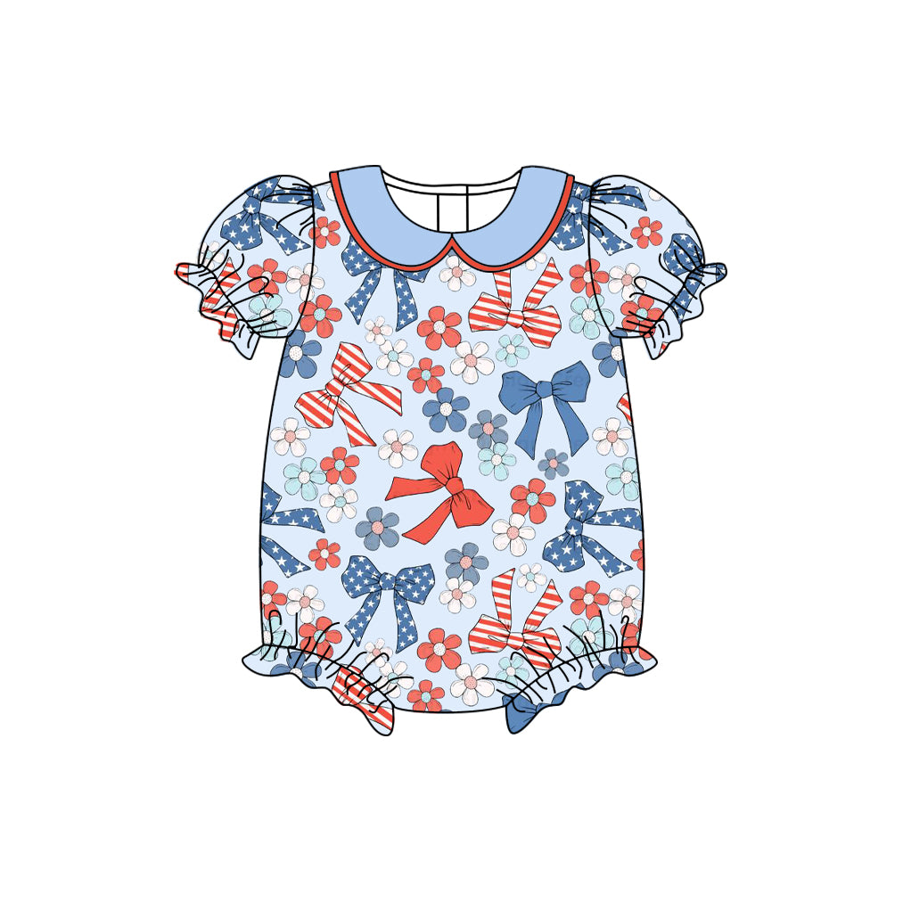 MOQ 5 preorder SR3390 4th of July Bows Flower Blue Doll Collar Short Sleeve Girl Bubble Romper 202510