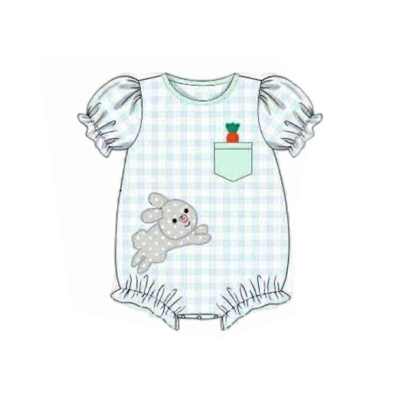 MOQ 5 preorder SR3392 Easter Bunny Pocket Green Plaid Short Sleeve Girl Bubble Romper 202510 Sibling