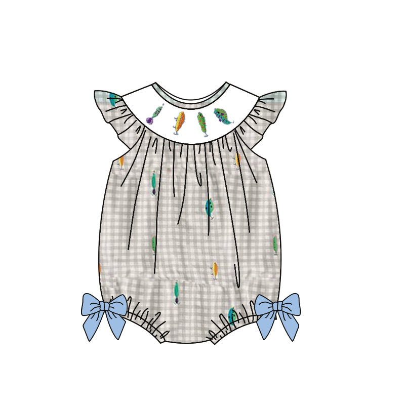 MOQ 5 preorder SR3395 Fish Pattern Gray Plaid Flying Sleeve Girls Bubble Romper 202510