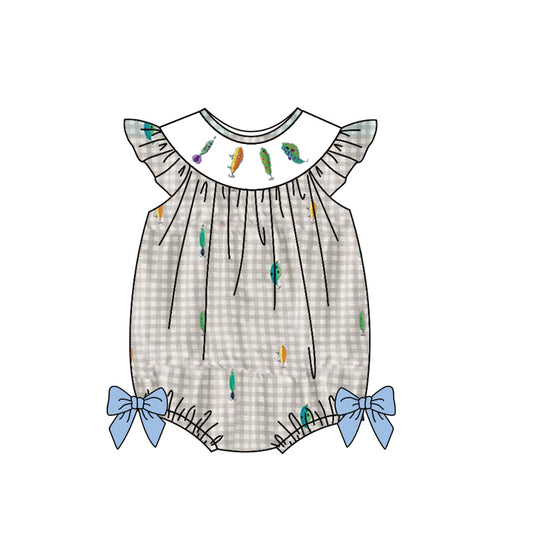 MOQ 5 preorder SR3395 Fish Pattern Gray Plaid Flying Sleeve Girls Bubble Romper 202510