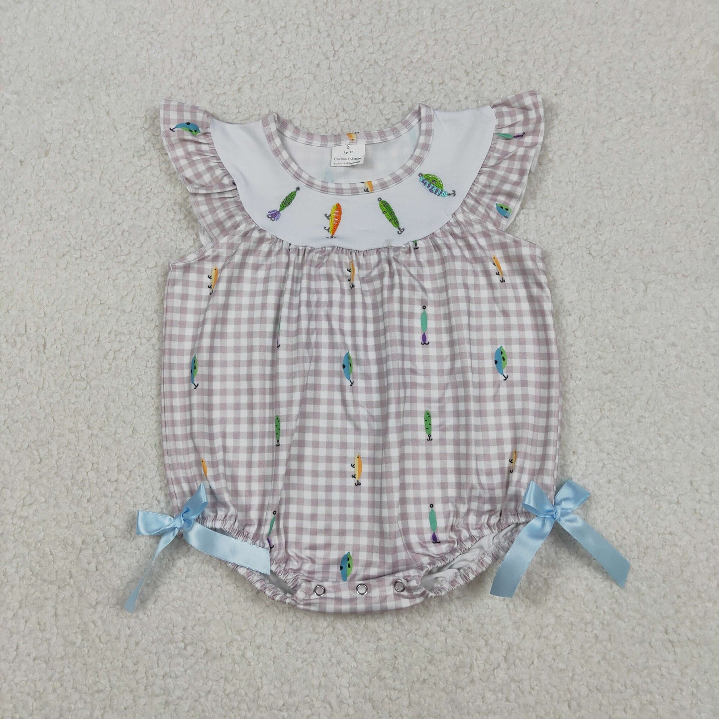 SR3395 Embroidered Fish Pattern Gray Plaid Flying Sleeve Girls Bubble Romper 202512 RTS