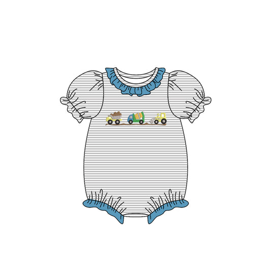 MOQ 5 preorder SR3398 Construction Vehicle Gray Stripe Blue Ruffle Short Sleeve Girls Bubble Romper 202510