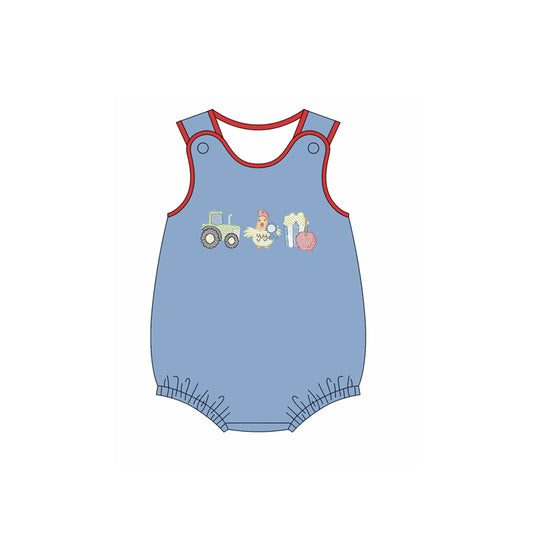 MOQ 5 preorder SR3399 Tractor Chicken Popcorn Blue Sleeveless Boys Bubble Romper 202510