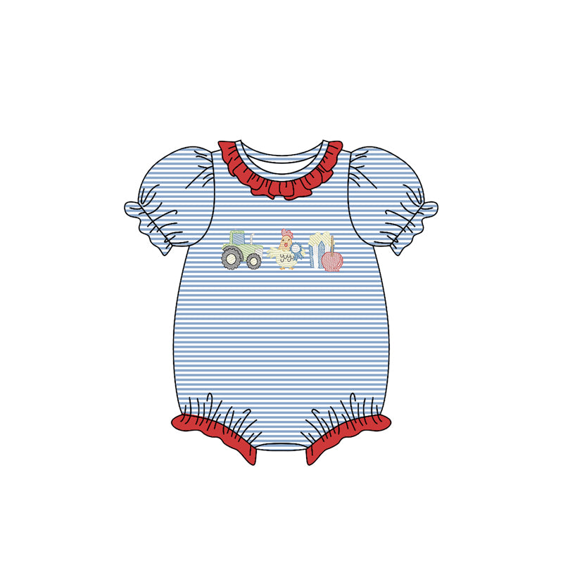 MOQ 5 preorder SR3400 Tractor Chicken Popcorn Blue Stripe Red Ruffle Short Sleeve Girls Bubble Romper 202510