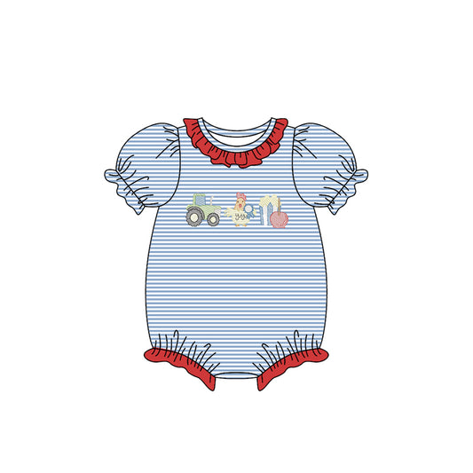 MOQ 5 preorder SR3400 Tractor Chicken Popcorn Blue Stripe Red Ruffle Short Sleeve Girls Bubble Romper 202510
