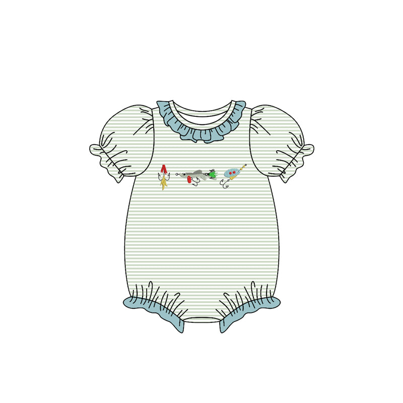 MOQ 5 preorder SR3402 Fishing Bait Green Stripe Ruffle Short Sleeve Girls Bubble Romper 202510