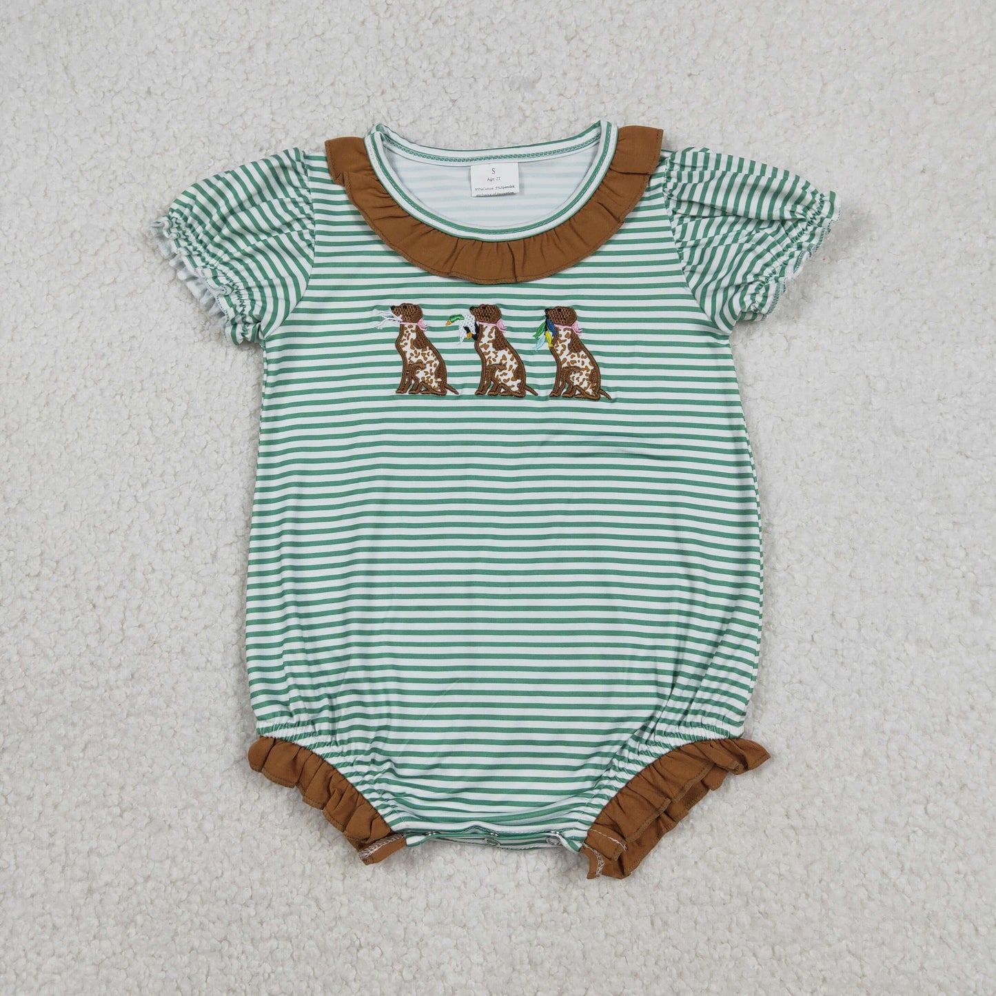 SR3404 Embroidered Dalmatian Duck Green Stripe Brown Ruffle Girls Bubble Romper 202512 RTS