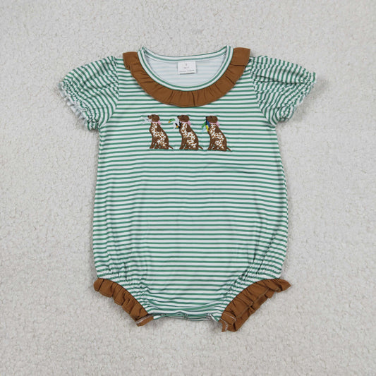 SR3404 Embroidered Dalmatian Duck Green Stripe Brown Ruffle Girls Bubble Romper 202512 RTS