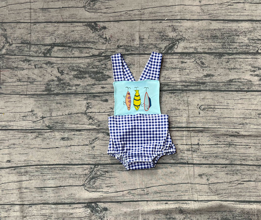 NO MOQ preorder SR3413 Fishing Bait Blue Plaid Sleeveless Girls Romper 202511