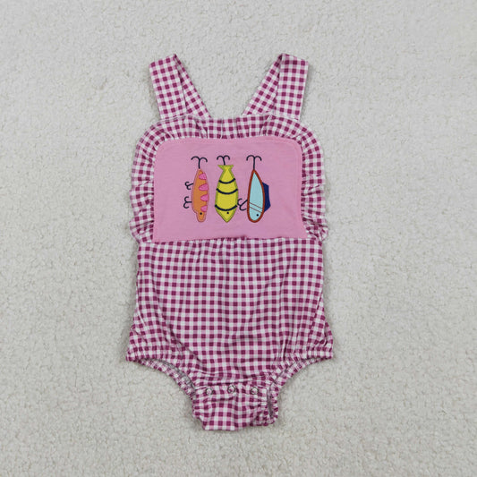 SR3414 Embroidered Fishing Bait Rose Red Ruffle Plaid Sleeveless Girls Bubble Romper 202512 RTS