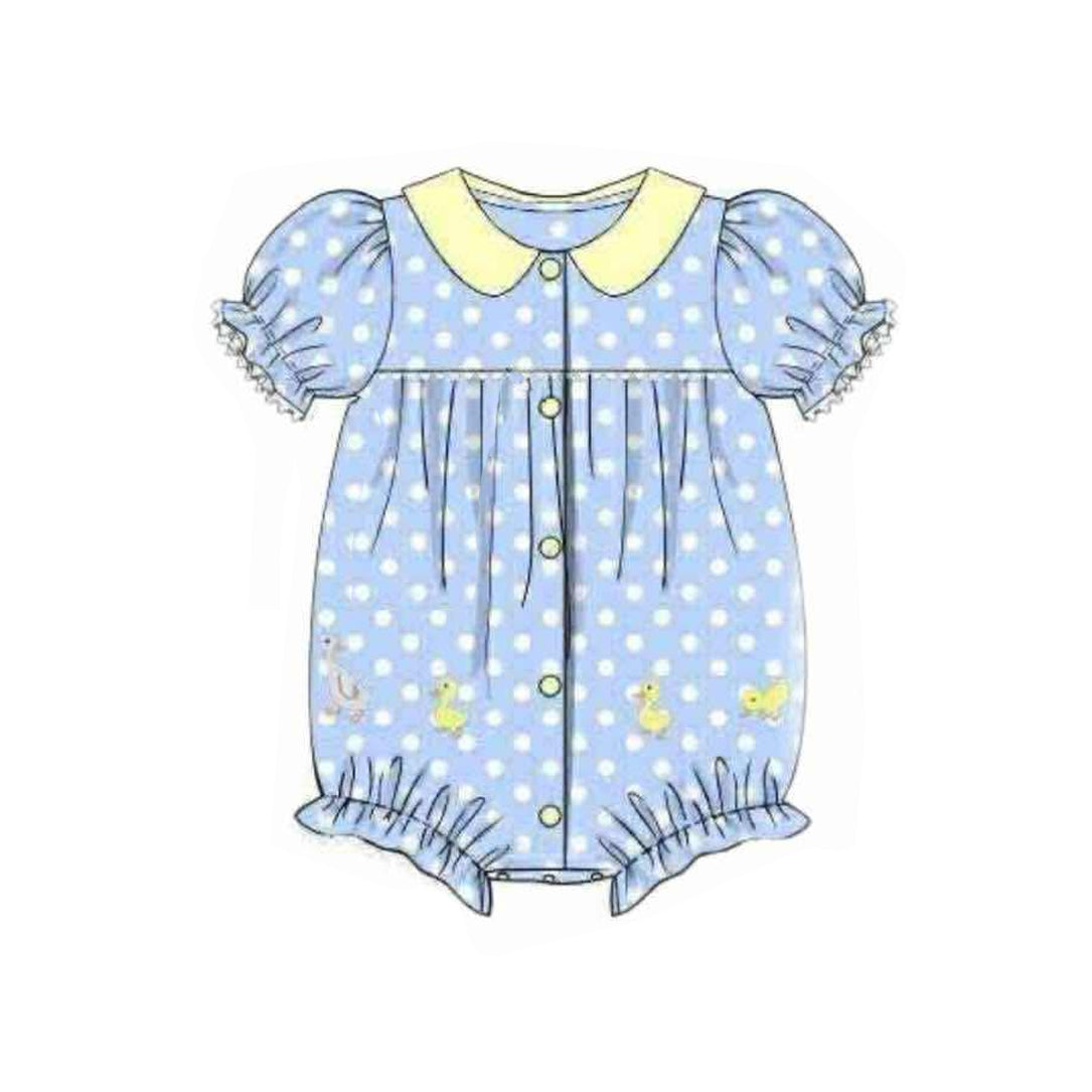 MOQ 5 preorder SR3419 Duck Dots Blue Yellow Doll Collar Puff Short Sleeve Girls Bubble Romper 202510