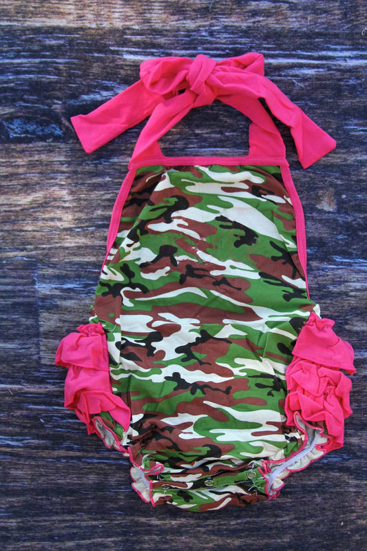 MOQ 5 preorder SR3420 Camouflage Rose Red Ruffle Halter Girls Bubble Romper 202510