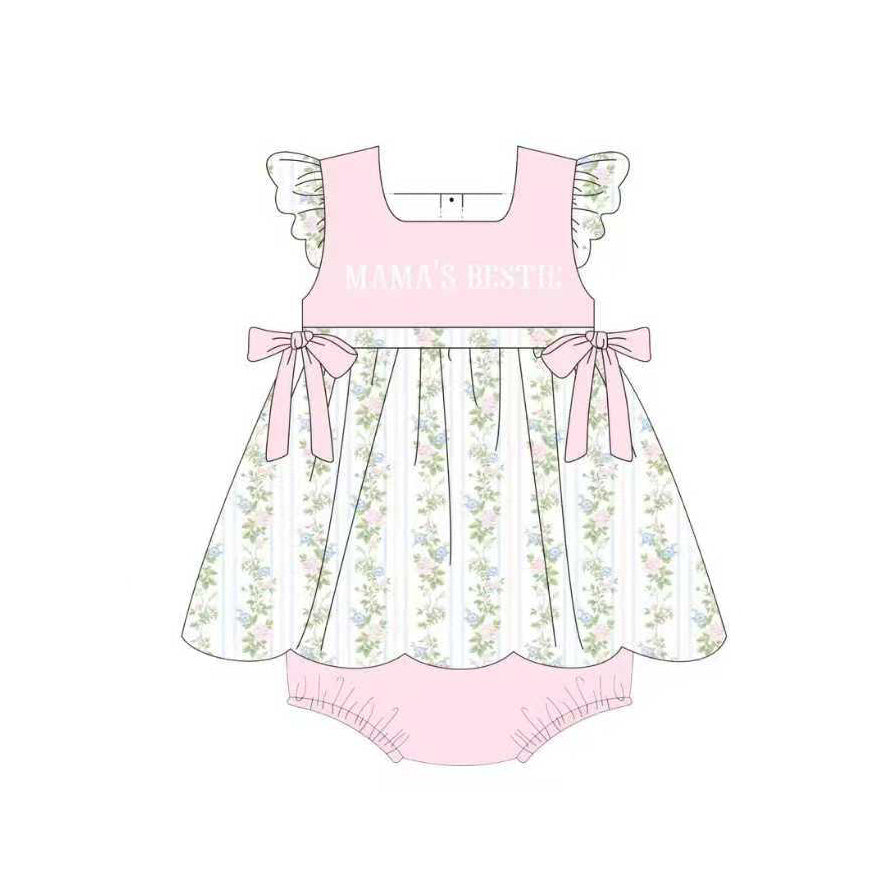 MOQ 5 preorder SR3423 MAMA'S BESTIE Flower Stripe Pink Bows Flying Sleeve Girls Bubble Romper 202510