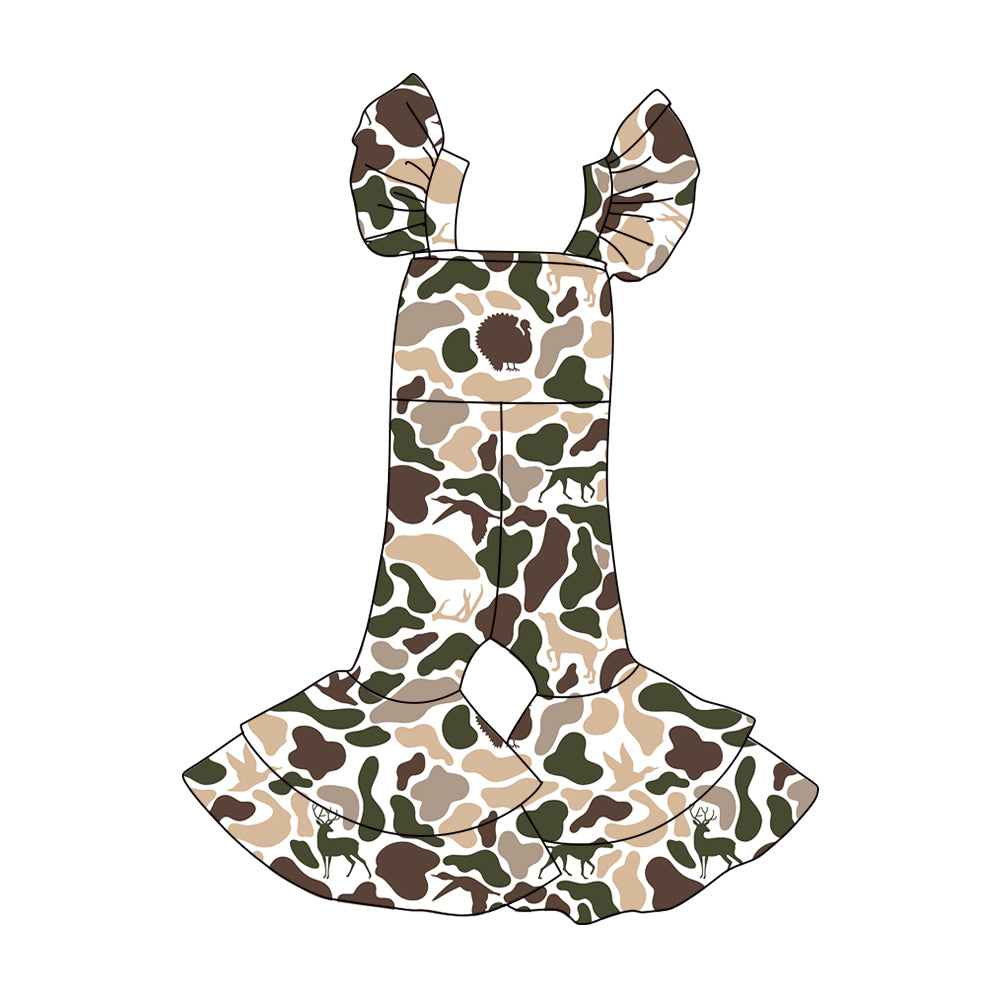 MOQ 5 Preorder SR3438 Duck Hunting Beige Green Camouflage Girls Flying Sleeve Overalls Jumpsuits 202510