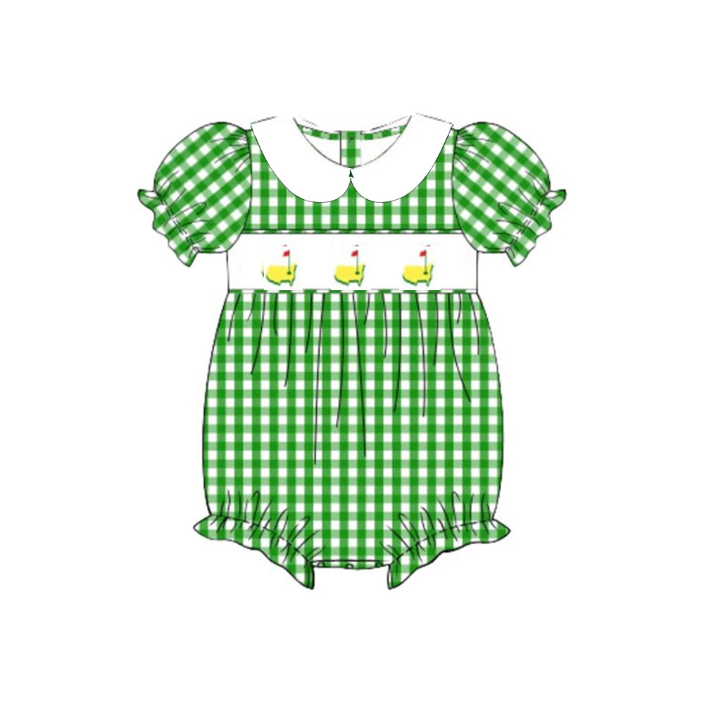 MOQ 5 preorder SR3455 Golf Course Red Flag Green Plaid White Doll Collar Short Sleeve Girls Bubble Romper 202510 Sibling