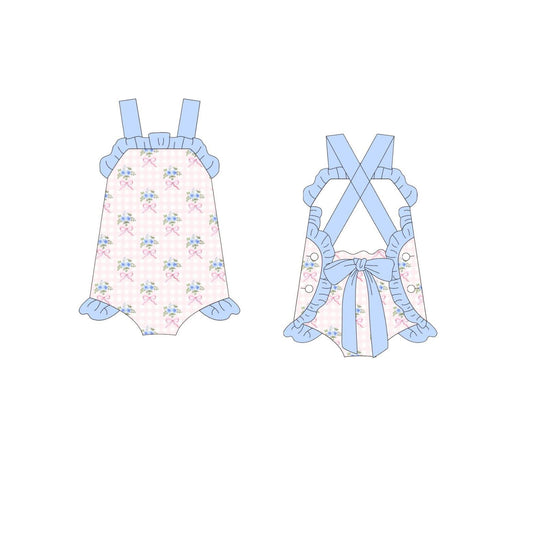 MOQ 5 preorder SR3460 Flower Bows Pink Plaid Blue Ruffle Sleeveless Girls Bubble Romper 202510 Sibling