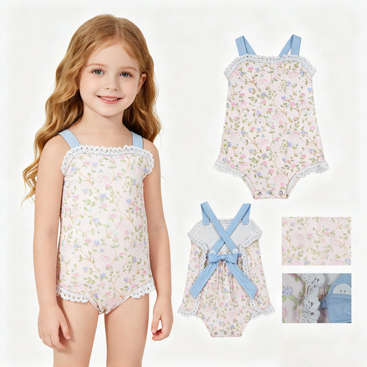 SR3461 Flower White Ruffle Blue Sleeveless Girls Bubble Romper 202604 RTS Sibling
