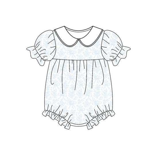MOQ 5 preorder SR3462 Blue Flower Bows White Doll Collar Short Sleeve Girls Bubble Romper 202510 Sibling
