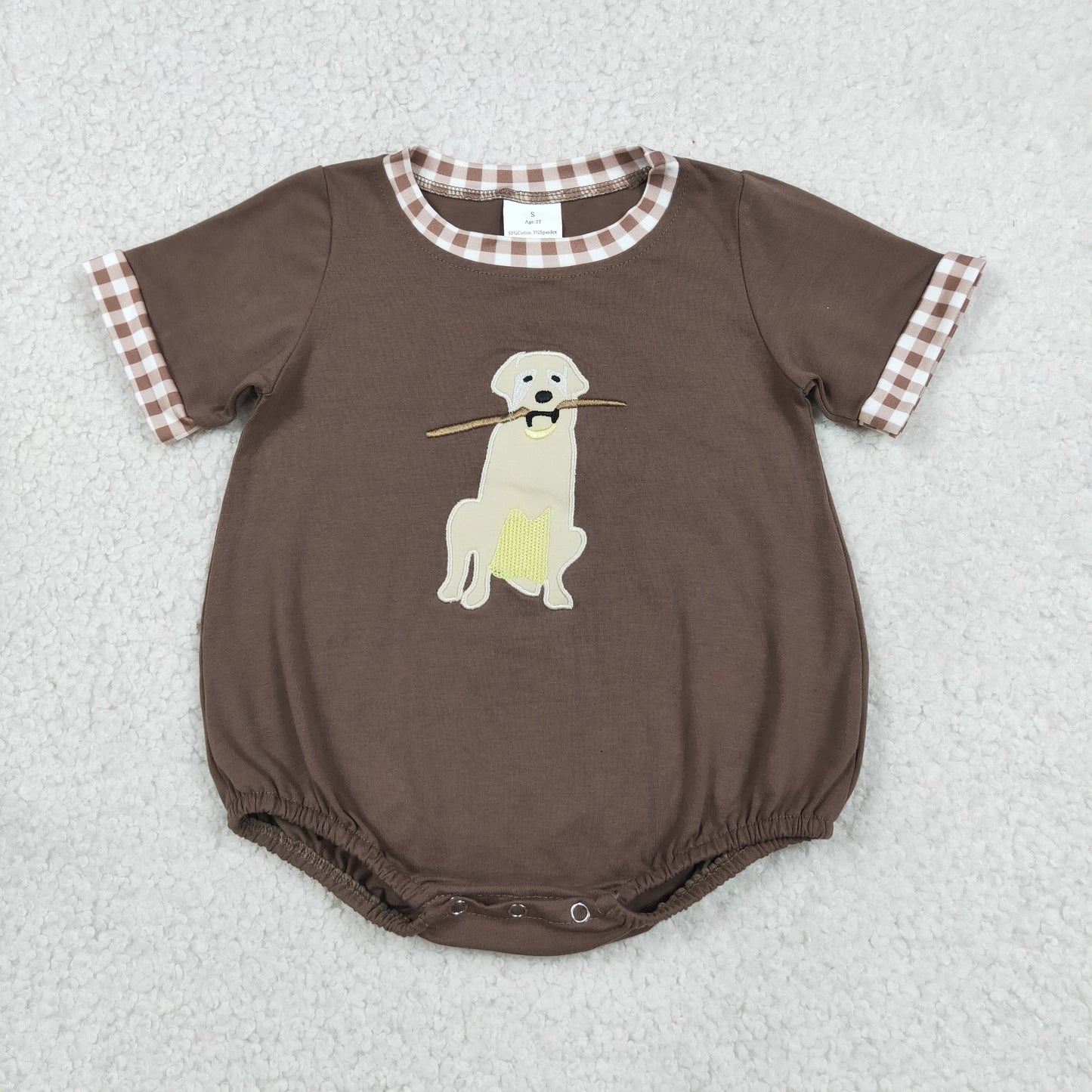 SR3470 Embroidered Puppy Branch Brown Short-Sleeved Boys Bubble Romper 202605 RTS
