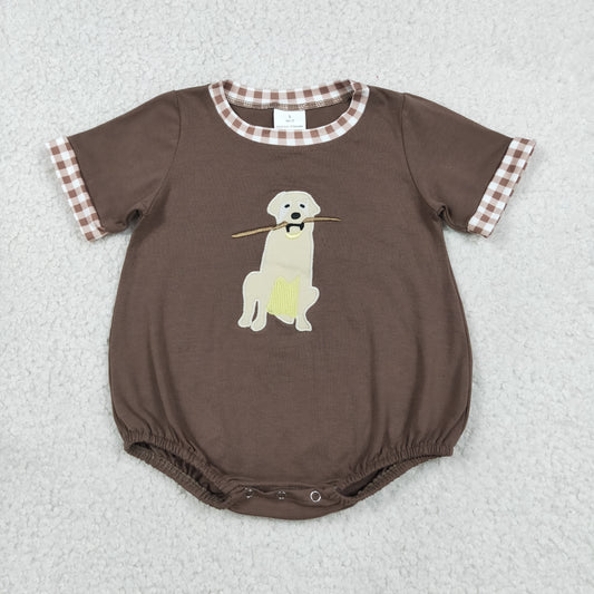 SR3470 Embroidered Puppy Branch Brown Short-Sleeved Boys Bubble Romper 202605 RTS