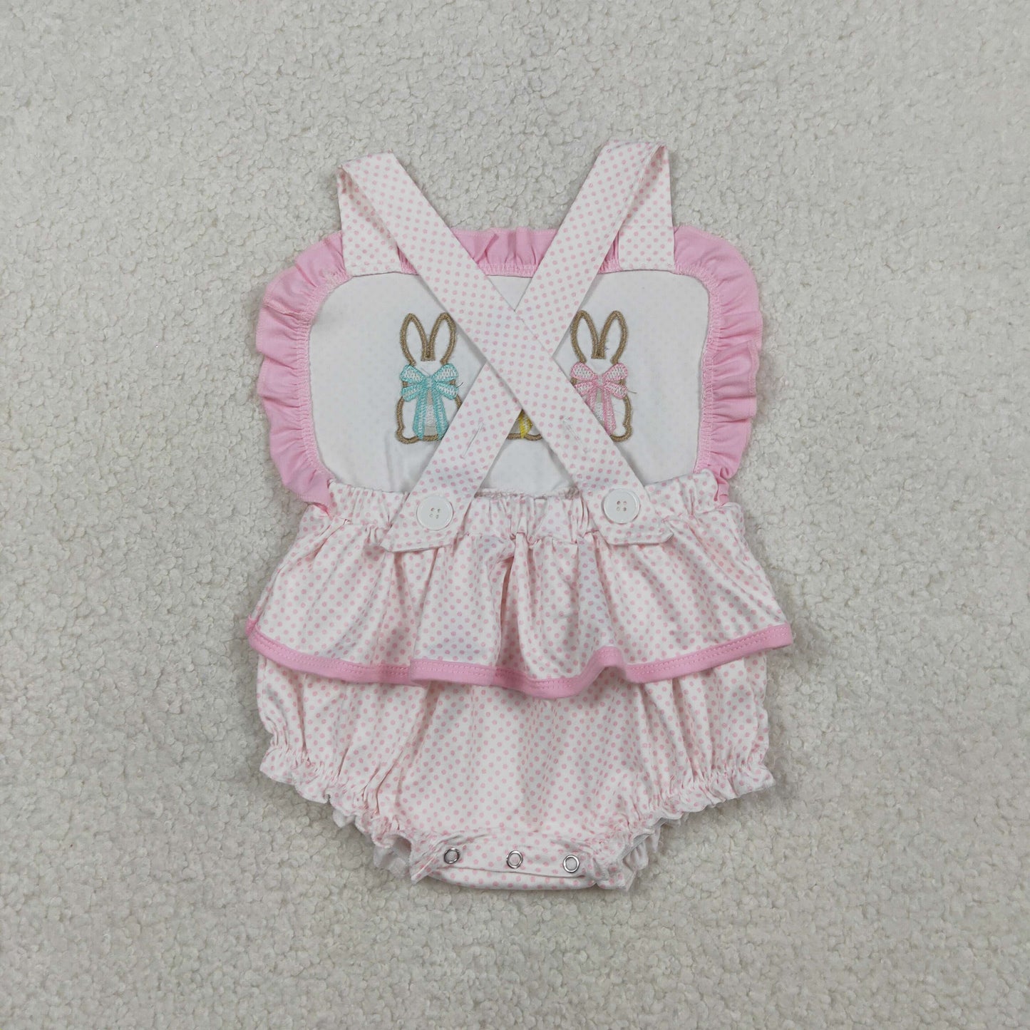 SR3477 Embroidered Easter Bunny Dots Pink Ruffle Sleeveless Girls Bubble Romper 202601 RTS