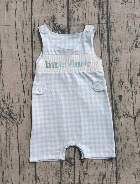 NO MOQ preorder SR3482 Smocked Little Dude Blue Plaid Sleeveless Boys Romper 202512