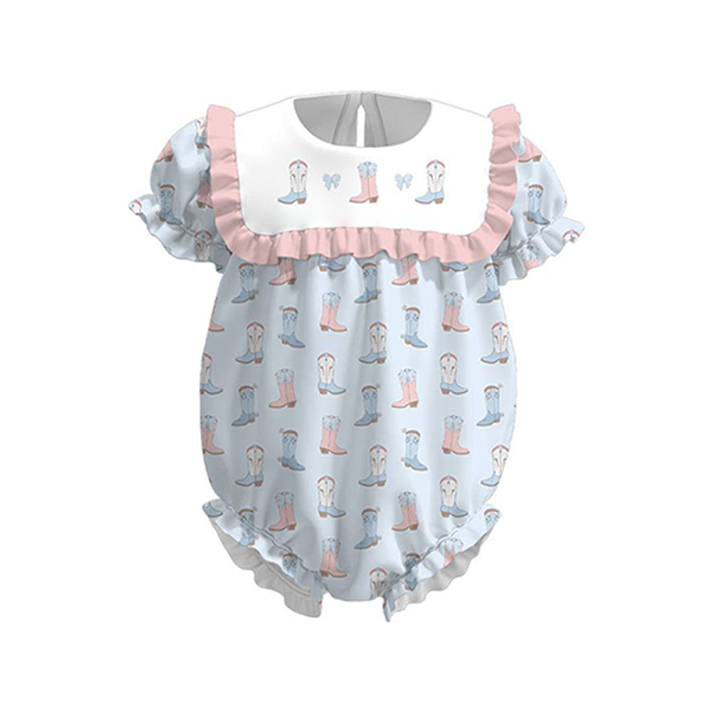 MOQ 5 PCS preorder SR3485 Bows Boots Pink Ruffle Blue Short Sleeve Girls Bubble Romper 202511