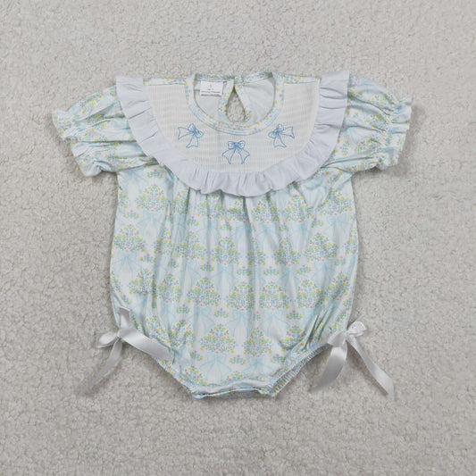 SR3487 Smocked Flower Bows Ruffle Light Green Short Sleeve Girls Bubble Romper 202602 RTS