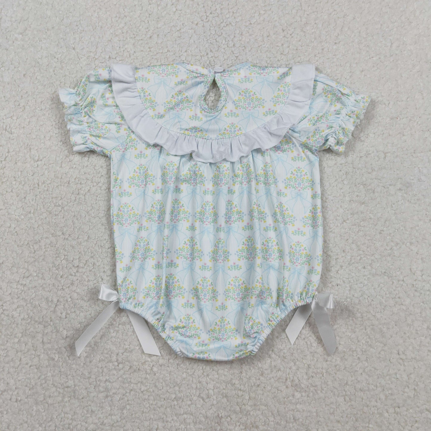SR3487 Smocked Flower Bows Ruffle Light Green Short Sleeve Girls Bubble Romper 202602 RTS