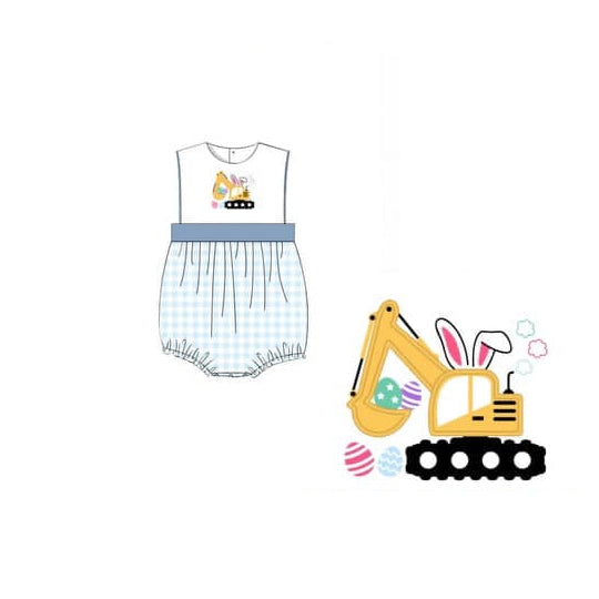 MOQ 5 PCS preorder SR3492 Easter Bunny Truck Blue Plaid Sleeveless Boys Bubble Romper 202511
