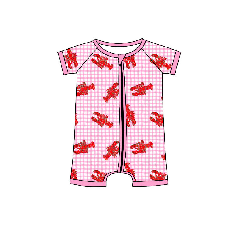 MOQ 5 PCS preorder SR3494 Mardi Gras Crayfish Pink Plaid Zip Short Sleeve Girls Romper 202511 Sibling