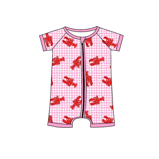MOQ 5 PCS preorder SR3494 Mardi Gras Crayfish Pink Plaid Zip Short Sleeve Girls Romper 202511 Sibling