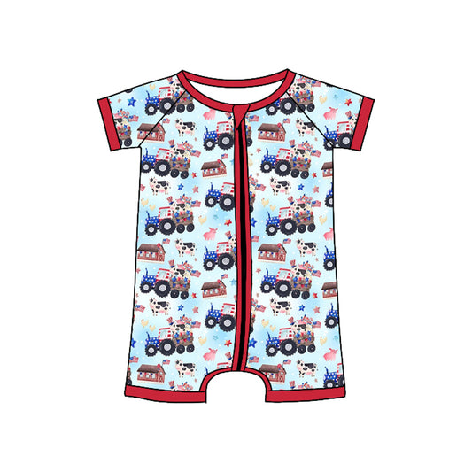 MOQ 5 PCS preorder SR3496 4th of July Tractor Cow Red and Blue Zipper Short Sleeve Boys Romper 202511