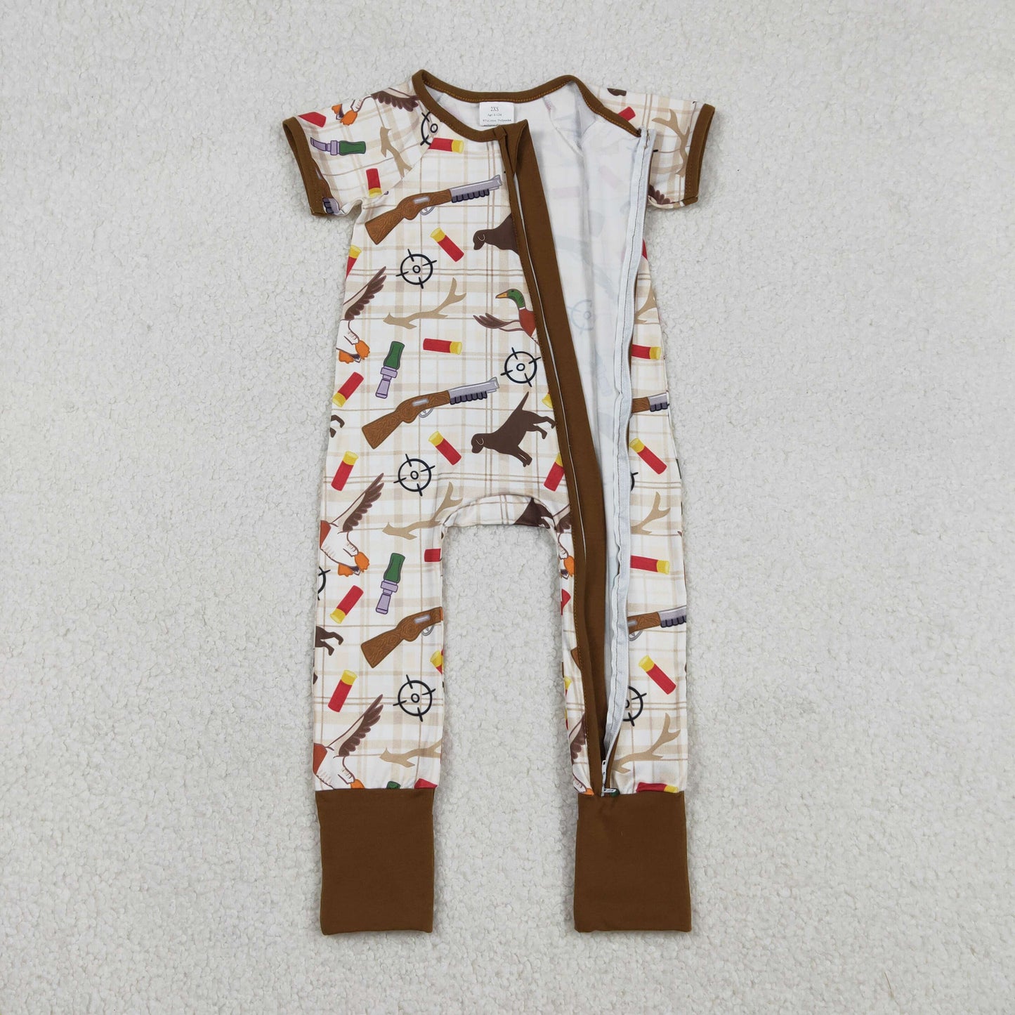 SR3497 Duck Puppy Shotgun Plaid Zipper Short Sleeve Boys Romper 202512 RTS