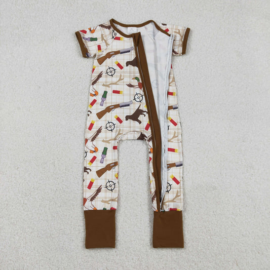 SR3497 Duck Puppy Shotgun Plaid Zipper Short Sleeve Boys Romper 202512 RTS