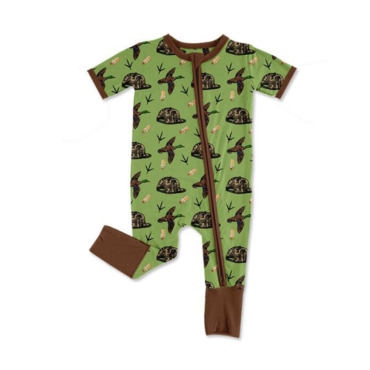 MOQ 5 PCS preorder SR3499 Duck Camouflage Hat Green Brown Zipper Short Sleeve Boys Romper 202511