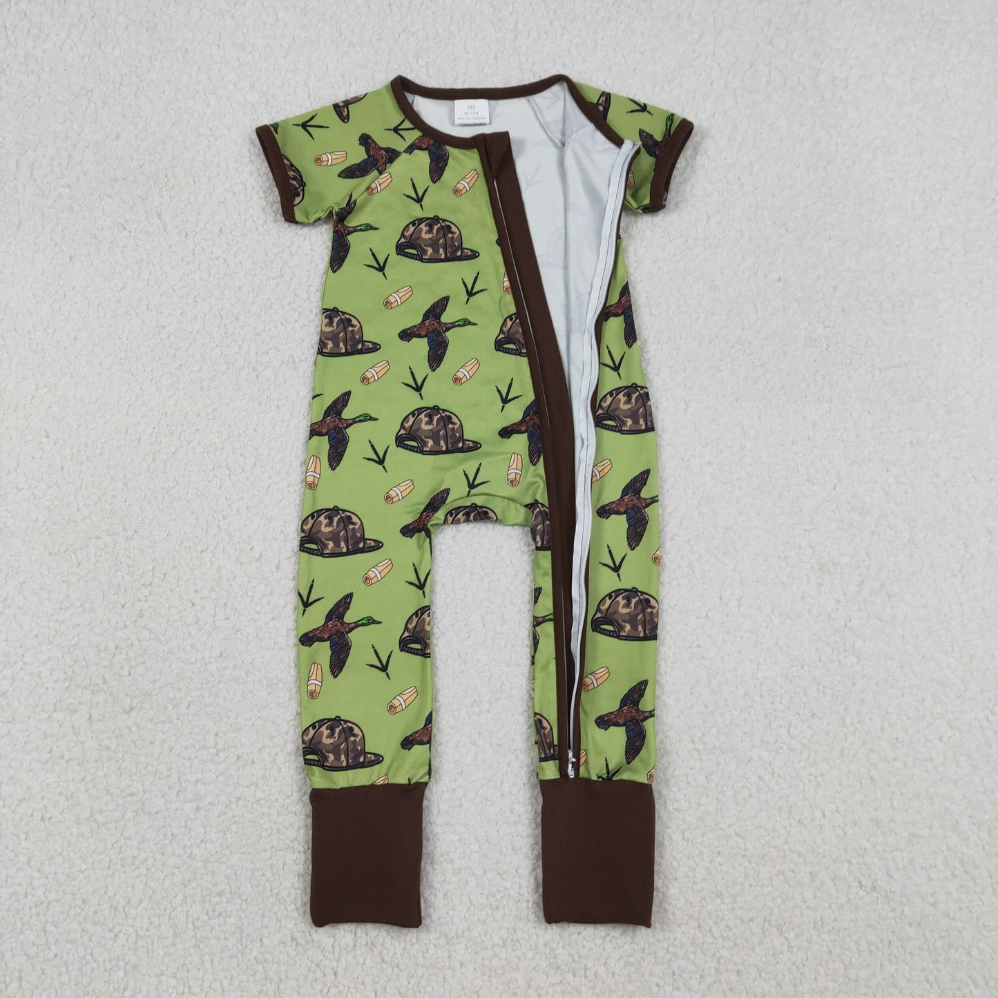 SR3499 Duck Camouflage Hat Green Brown Zipper Short Sleeve Boys Romper 202512 RTS