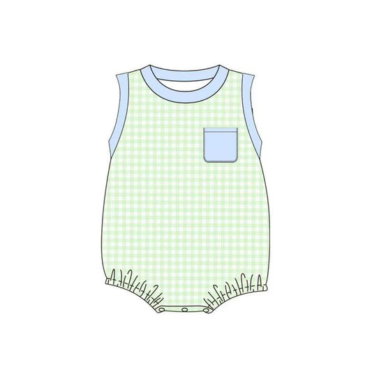 MOQ 5 PCS preorder SR3502 Blue Pocket Green Plaid Boys Sleeveless Bubble Romper 202511