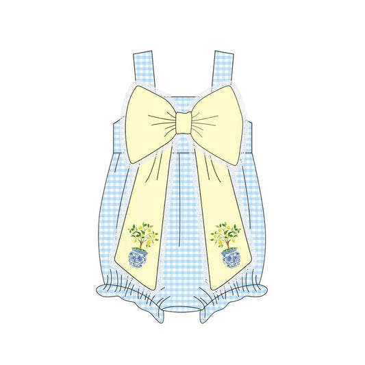 MOQ 5 PCS preorder SR3505 Plant Vase Yellow Big Bow Lace Ruffle Blue Plaid Sleeveless Girls Bubble Romper 202511