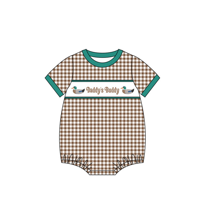 MOQ 5 PCS preorder SR3507 Daddy's Buddy Duck Brown Plaid Short-Sleeve Boys Bubble Romper 202511
